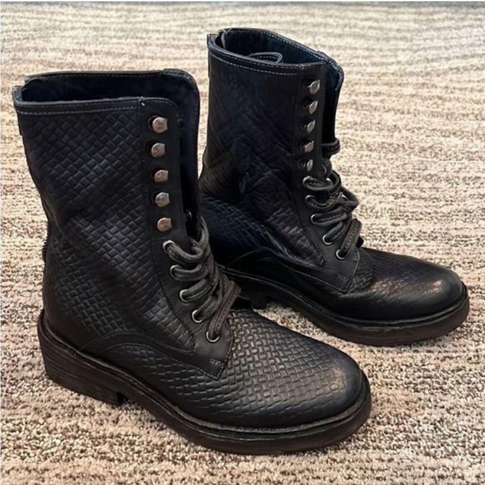 Free People Santa Fe Black Woven Leather Lace-Up Boot Combat Moto US 6